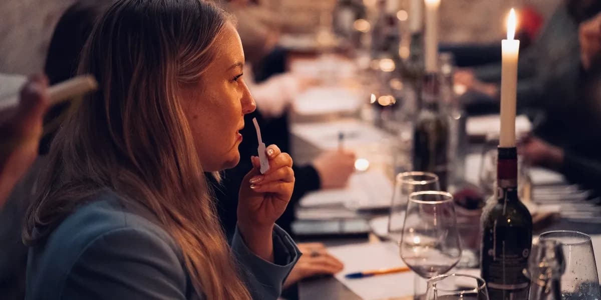 A guest evaluating a blotter and taking notes at a scent tasting