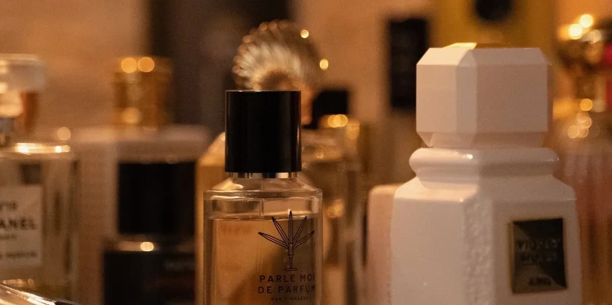 Niche perfume bottles on a warm-lit shelf